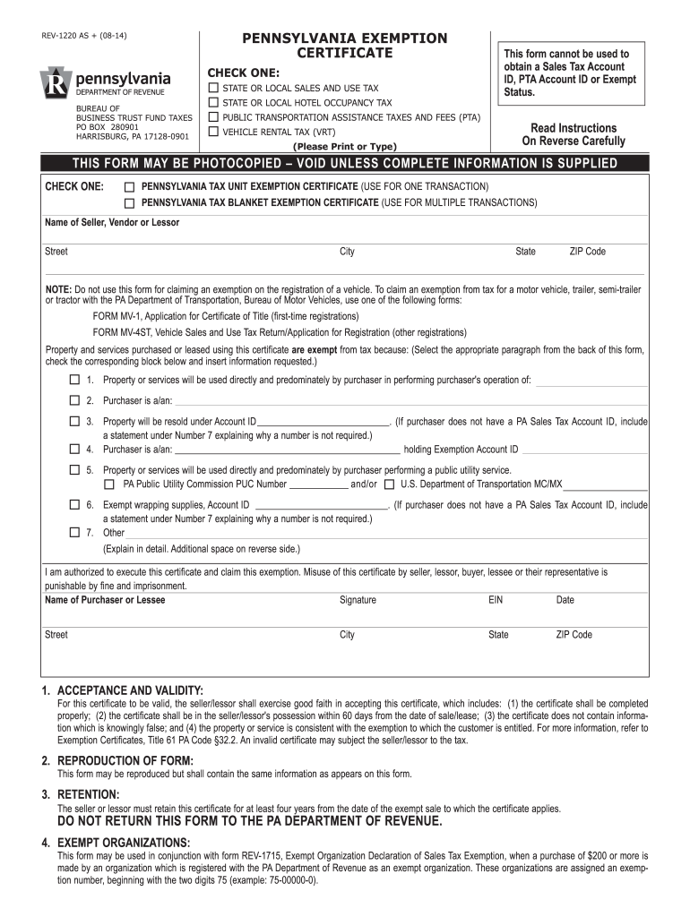 2014 Form PA DoR REV 1220 AS Fill Online Printable Fillable Blank