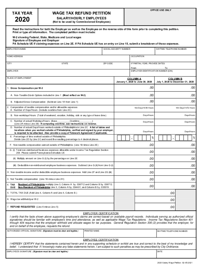 2020 2022 PA DoR Wage Tax Refund Petition Salary Hourly Employees