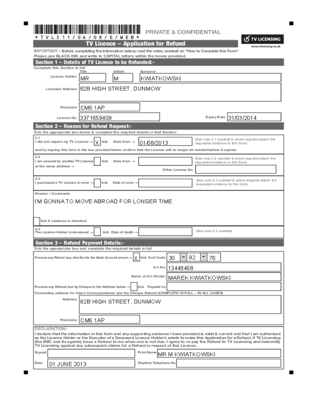 2022 TV Licence Refund Form Fillable Printable PDF Forms Handypdf