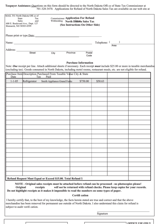 Application For Refund North Dakota Sales Tax Printable Pdf Download