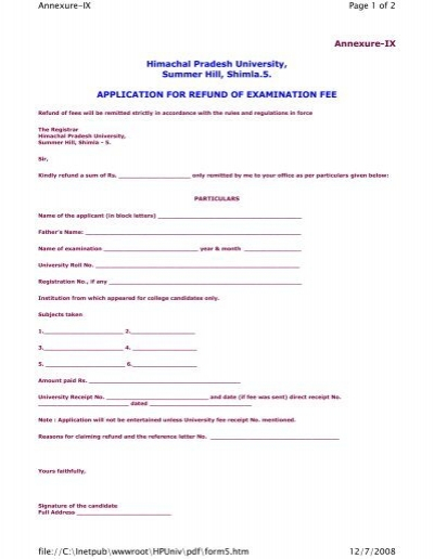 Application Form For Refund Of Examination Fee