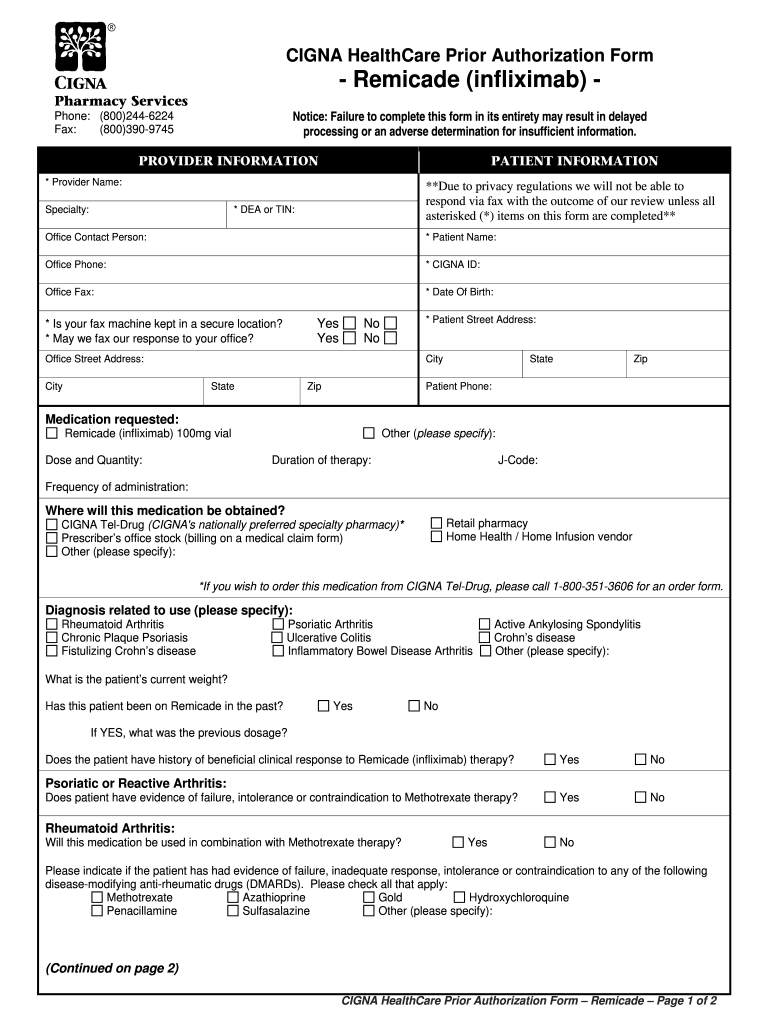 Cigna Prior Authorization Form For Remicade Infusion 2020 Fill And 