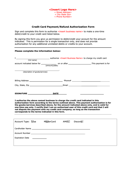 Credit Card Payment refund Authorization Form Printable Pdf Download