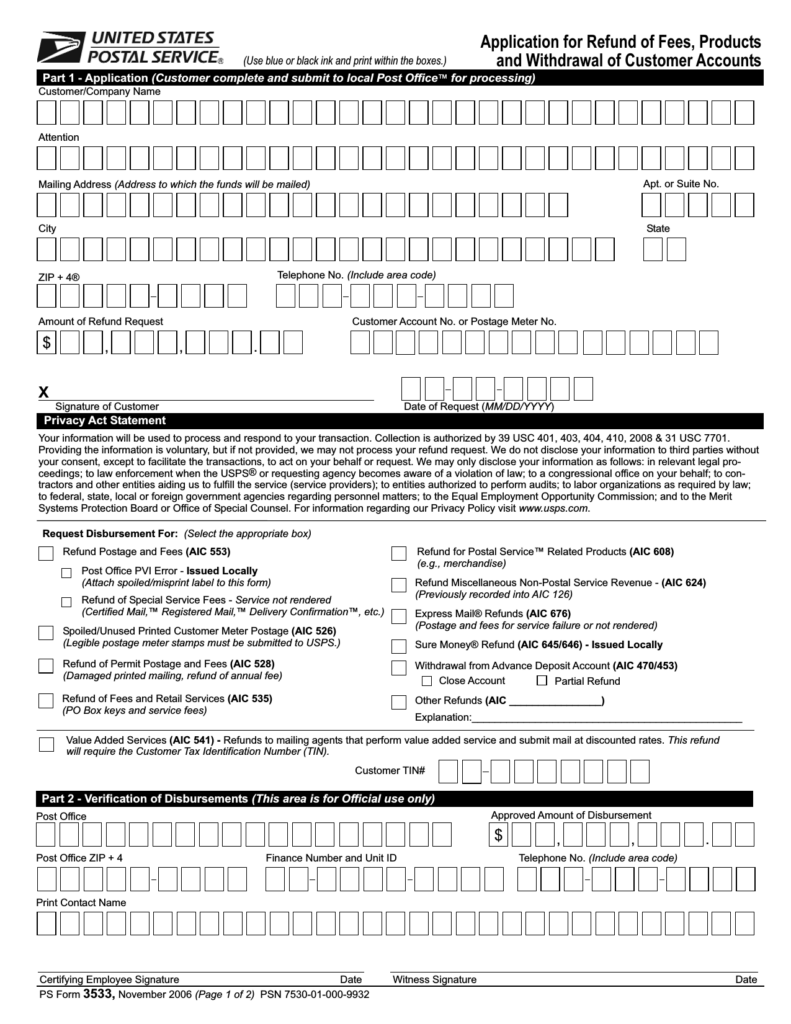 Download USPS Form 3533 Refund Of Postage Fees And Services Form 