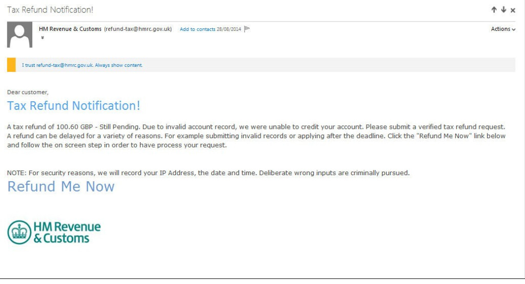 Fake Tax Refund Notification Tries To Steal Personal Info