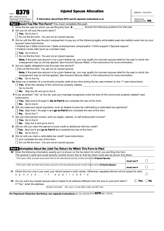 Fillable Form 8379 Injured Spouse Allocation Printable Pdf Download