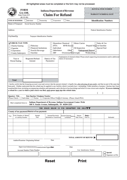 Fillable Form Ga 110l Claim For Refund Form Printable Pdf Download