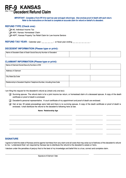 Fillable Form Rf 9 Kansas Decedent Refund Claim Printable Pdf Download