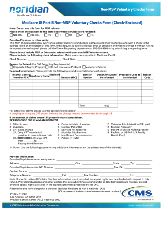 Fillable Medicare Je Part B Non Msp Voluntary Checks Form Check 