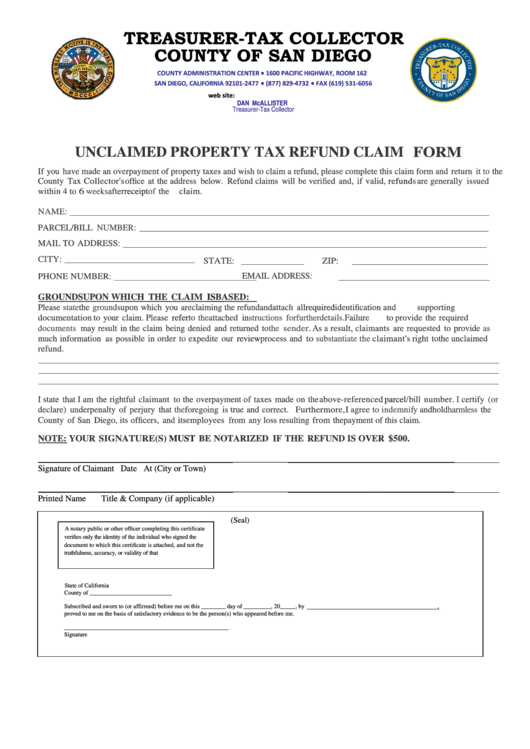 Fillable Unclaimed Property Tax Refund Claim Form Printable Pdf Download