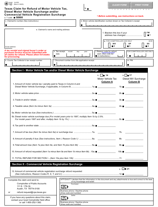 Form 14 202 Download Fillable PDF Or Fill Online Texas Claim For Refund 