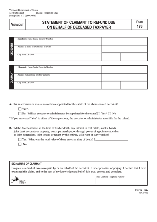 Form 176 Statement Of Claimant To Refund Due On Behalf Of Deceased 