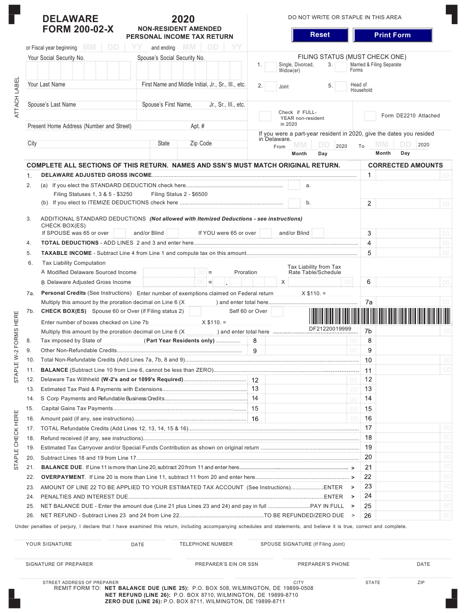 Form 200 02 X Download Fillable PDF Or Fill Online Non resident Amended