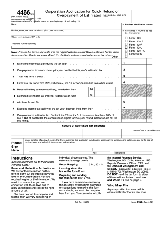 Form 4466 Corporation Application For Quick Refund Of Overpayment Of 