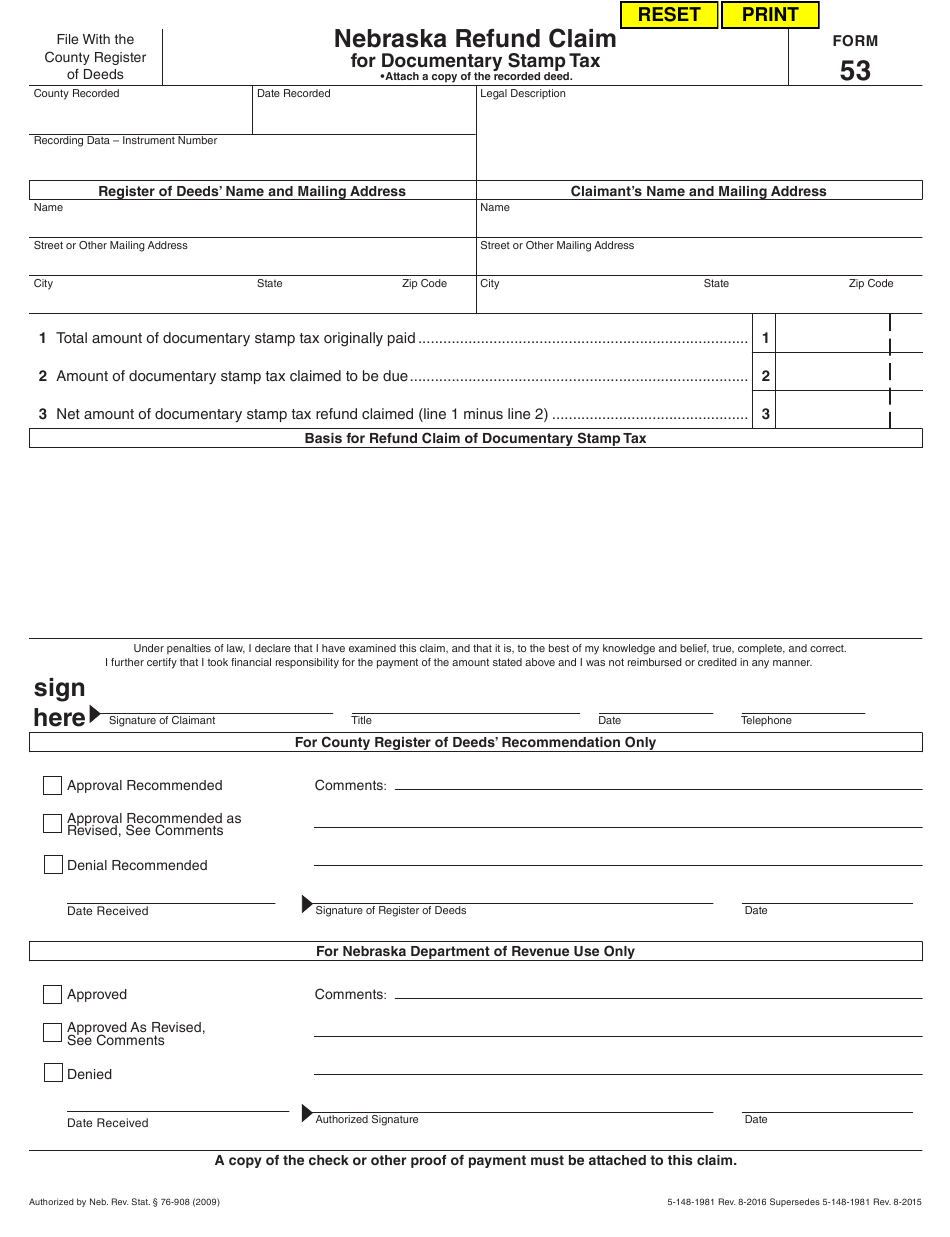 Form 53 Download Fillable PDF Or Fill Online Nebraska Refund Claim For