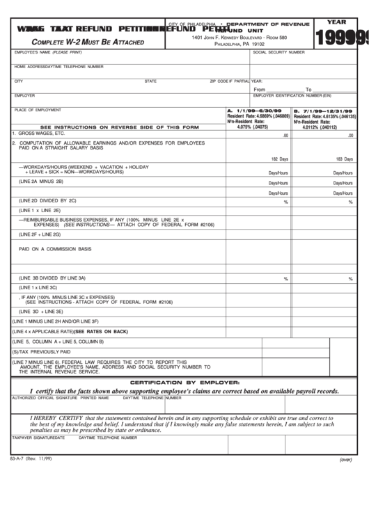 Form 83 A 7 Wage Tax Refund Petiti X Refund Petition 1999 