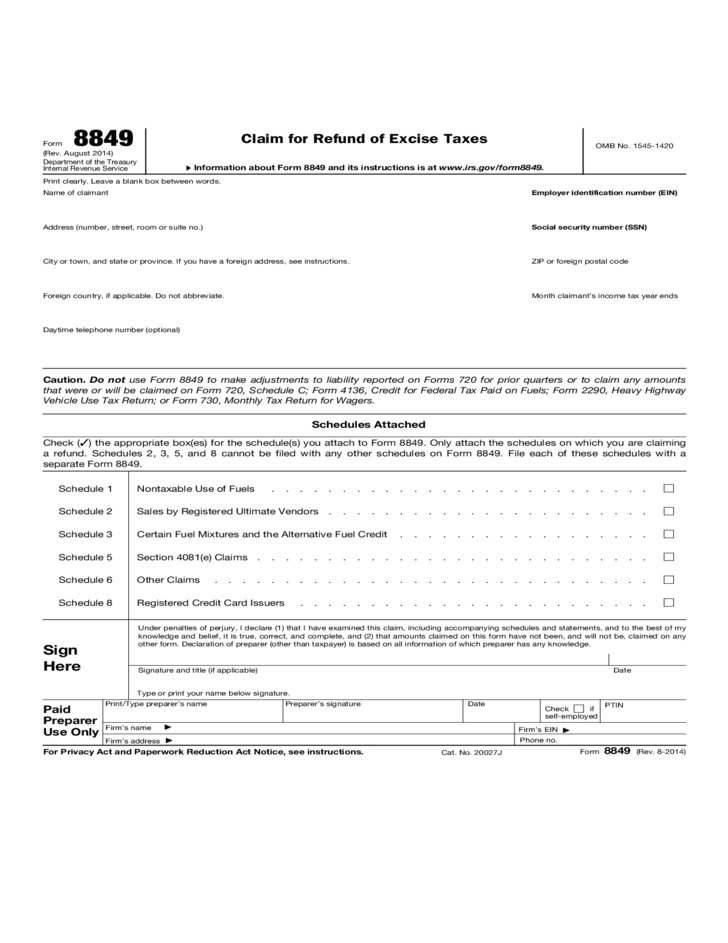 Form 8849 Claim For Refund Of Excise Taxes 2014 Free Download