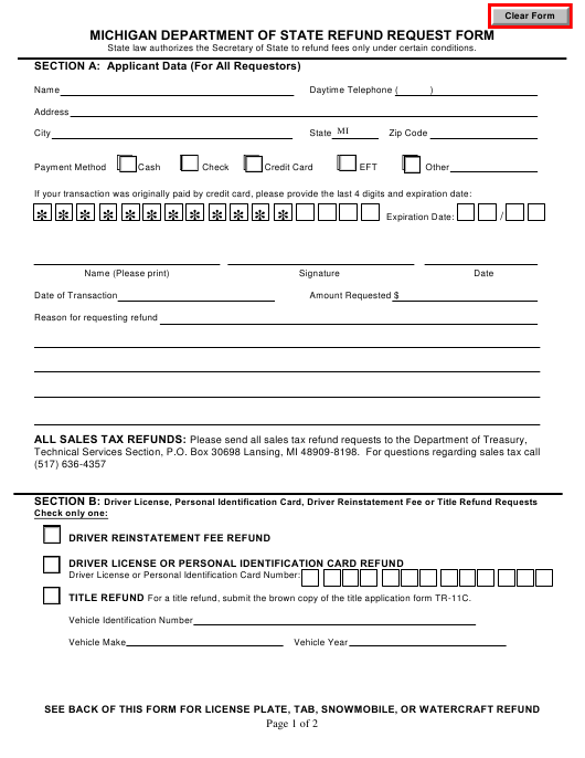 Form A 226 Download Fillable PDF Michigan Department Of State Refund 