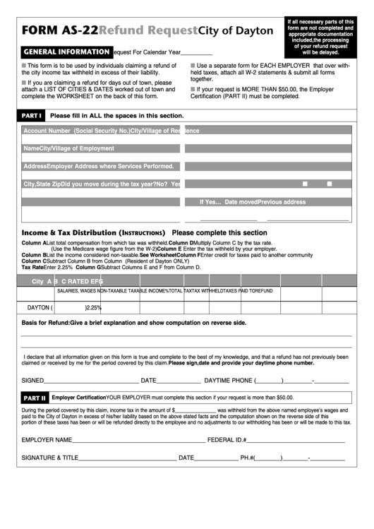 Form As 22 City Of Dayton Refund Request Printable Pdf Download