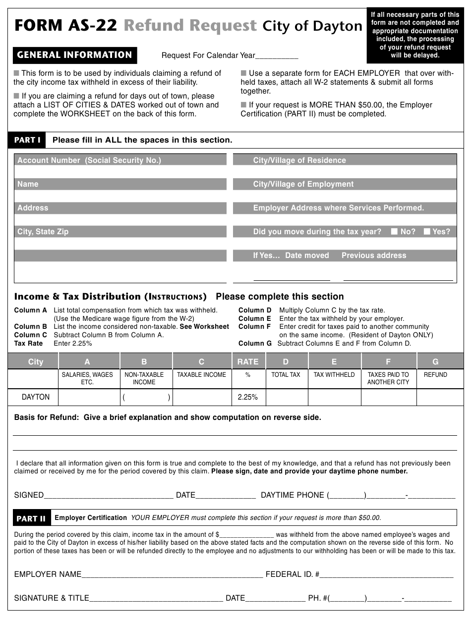 Form AS 22 Download Printable PDF Or Fill Online Refund Request City Of
