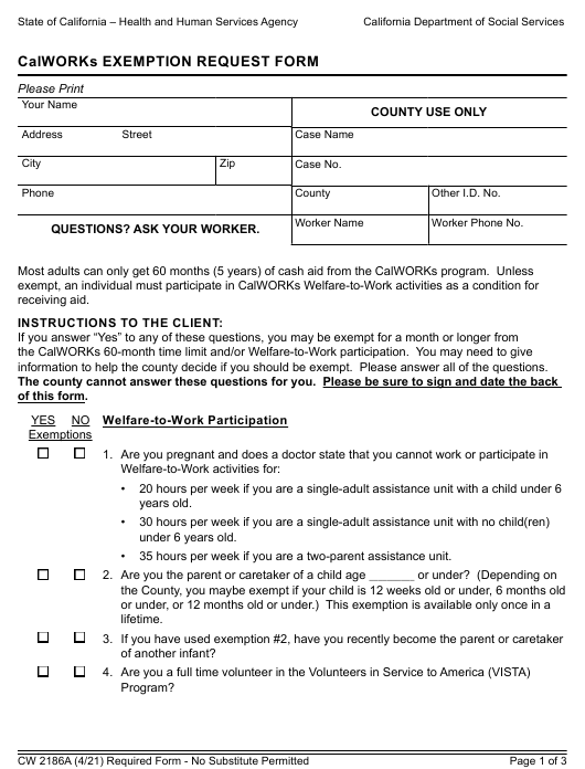 Form CW2186A Download Fillable PDF Or Fill Online Calworks Exemption 