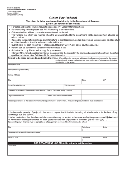 Form Dr 0137 Claim For Refund Printable Pdf Download