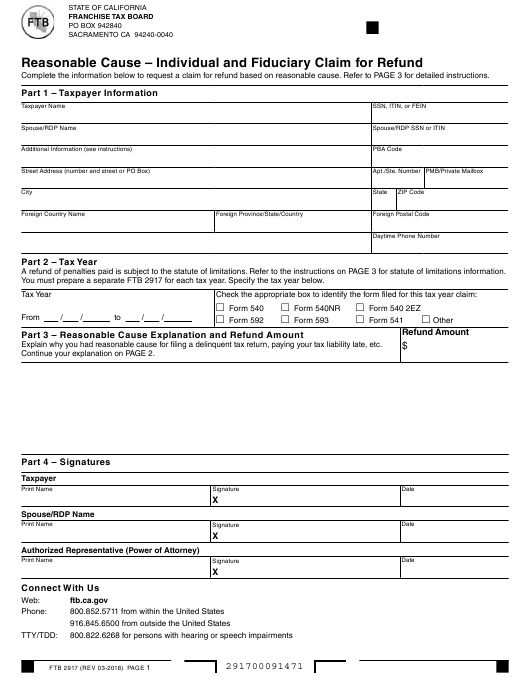 Form FTB2917 Download Fillable PDF Or Fill Online Reasonable Cause