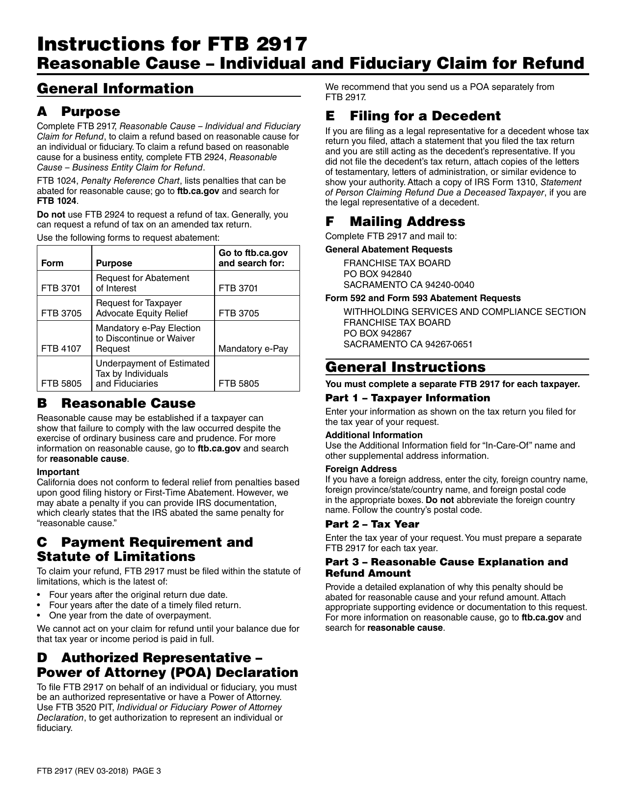 Form FTB2917 Download Fillable PDF Or Fill Online Reasonable Cause