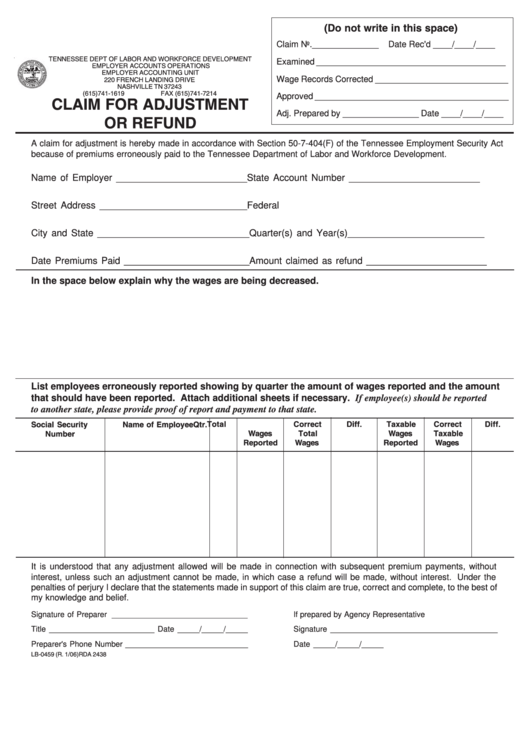 Form Lb 0459 Claim For Adjustment Or Refund Printable Pdf Download