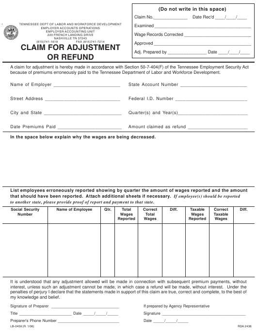 Form LB 0459 Download Printable PDF Or Fill Online Claim For Adjustment