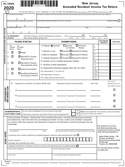 Form NJ 1040X Download Fillable PDF Or Fill Online New Jersey Amended 