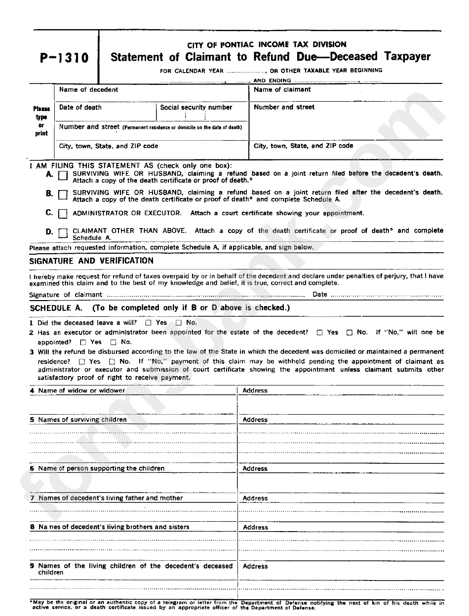 Form P1310 Statement Of Claimant To Refund Due Deceased Taxpayer