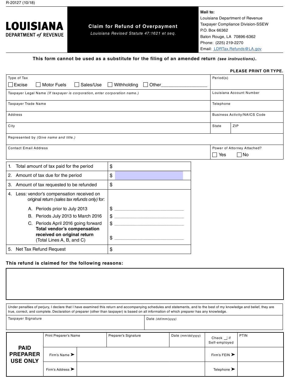 Form R 20127 Download Fillable PDF Or Fill Online Claim For Refund Of 