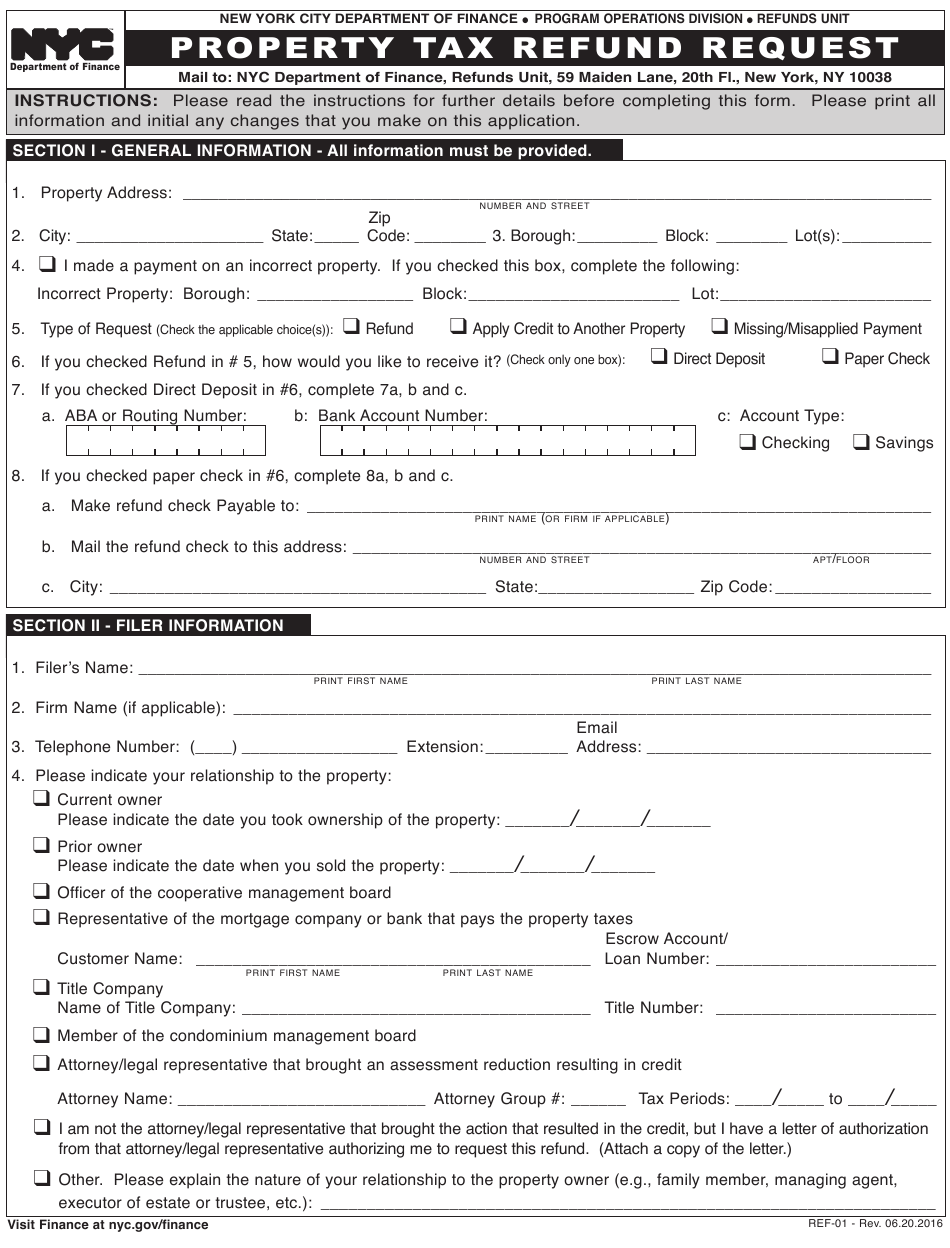 Form REF 01 Download Printable PDF Or Fill Online Property Tax Refund