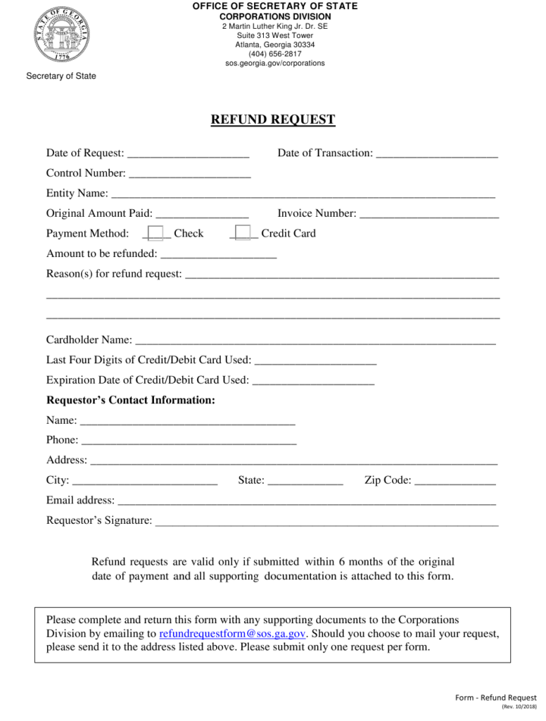 Georgia United States Refund Request Form Download Fillable PDF 