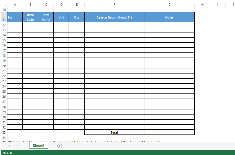 Goods Return Note Format In Excel Free Download