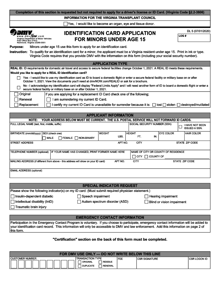 Identification Card Application For Minors Under Virginia DMV Fill