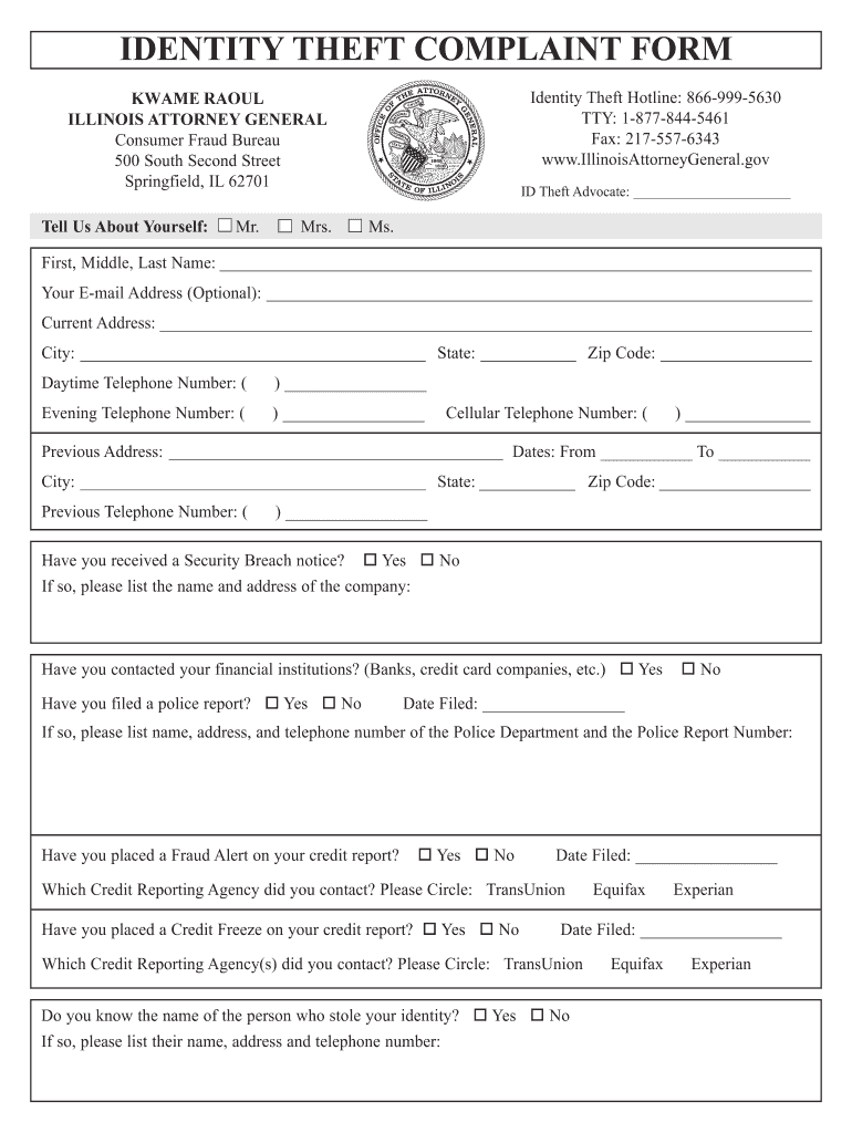 IL Identity Theft Complaint Form 2019 2022 Complete Legal Document