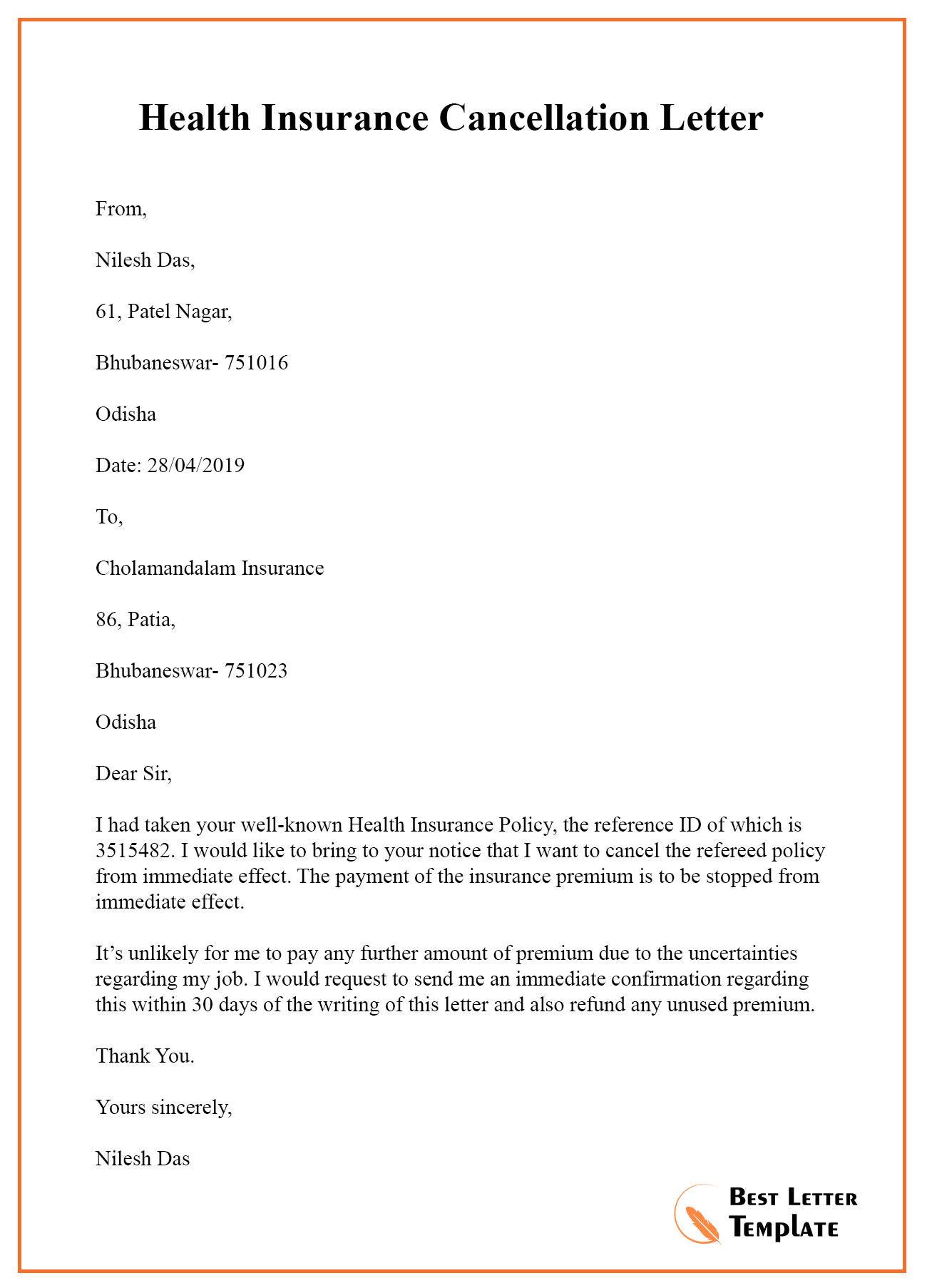 Insurance Cancellation Letter Template Format Sample Example 2022