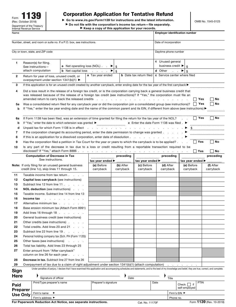 IRS Form 1139 Download Fillable PDF Or Fill Online Corporation