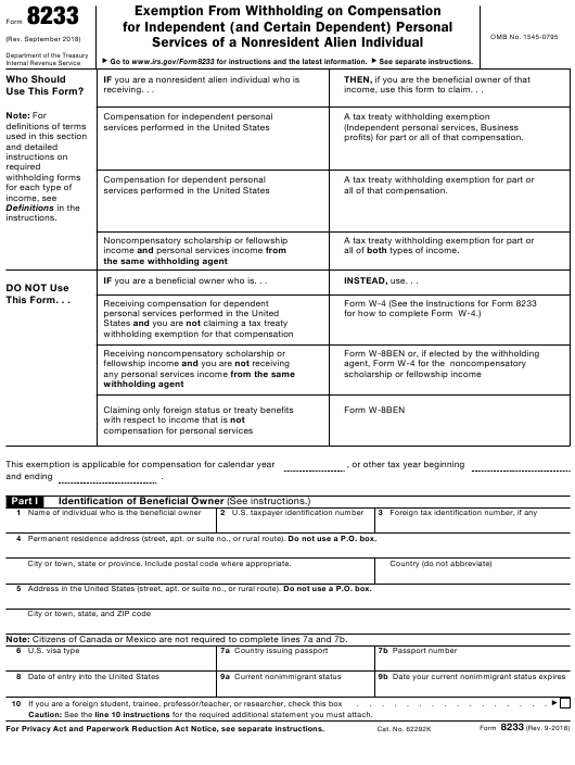 IRS Form 8233 Download Fillable PDF Or Fill Online Exemption From 