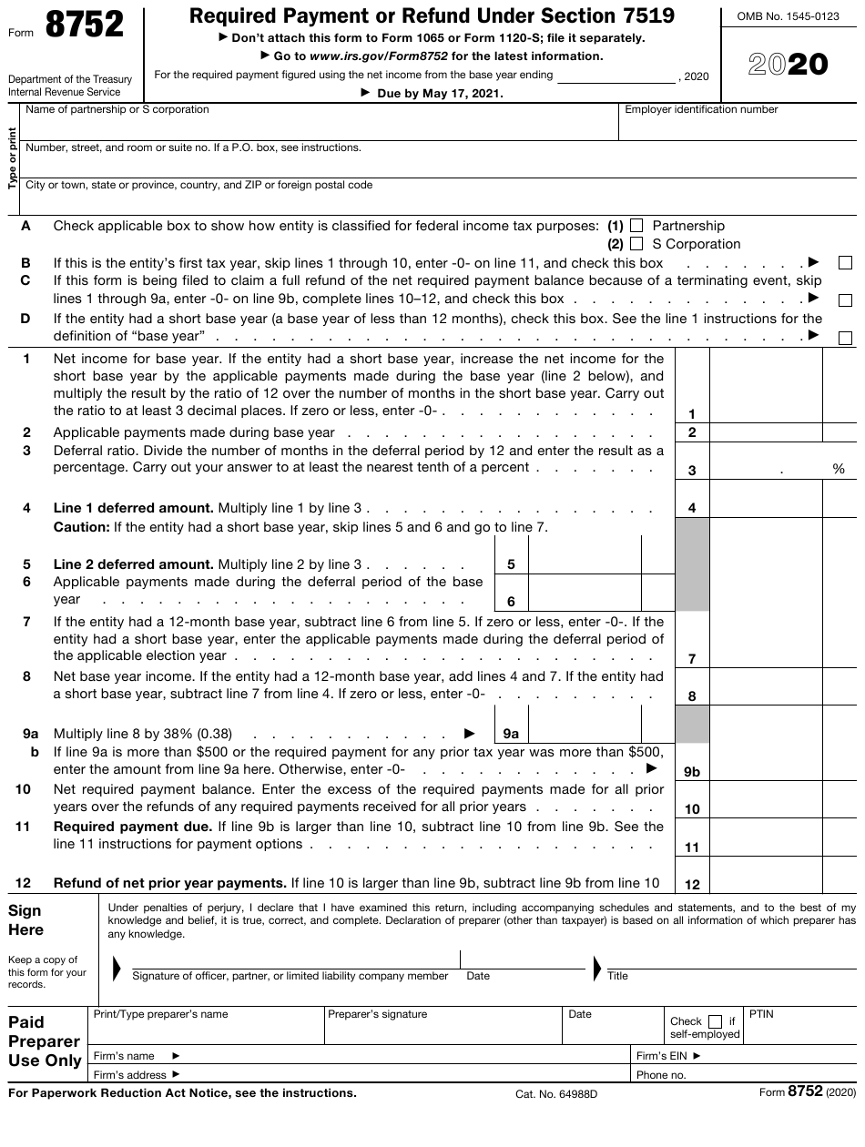 IRS Form 8752 Download Fillable PDF Or Fill Online Required Payment Or