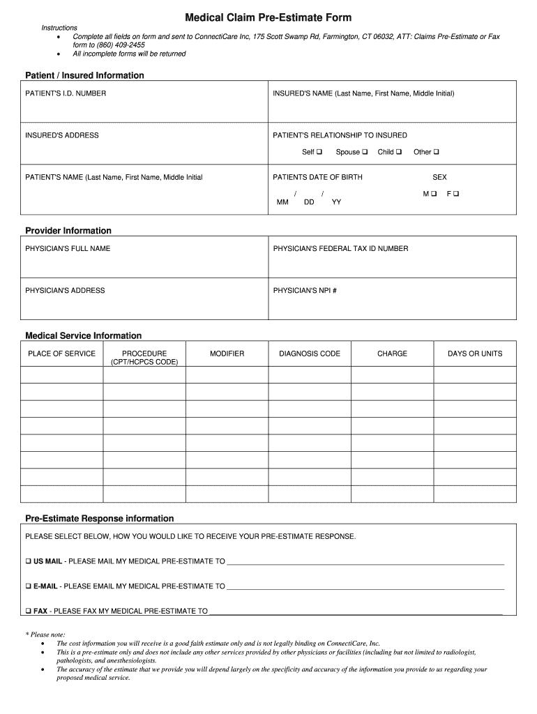 Medical Claim Pre Estimate Form ConnectiCare Fill And Sign