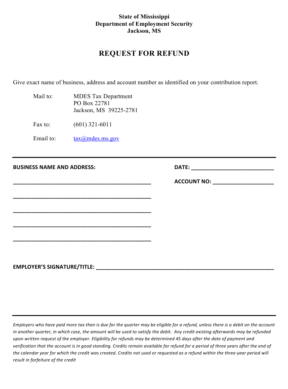 Mississippi Refund Request Form Download Fillable PDF Templateroller