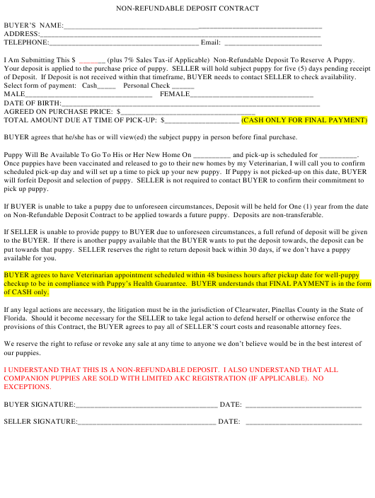 Non refundable Puppy Deposit Contract Template Download Printable PDF 