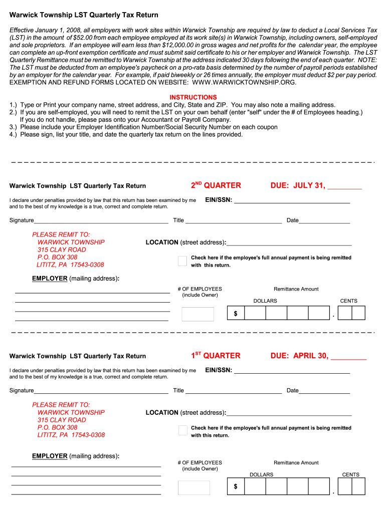 PA Warwick Township LST Quarterly Tax Return Fill Out Tax Template