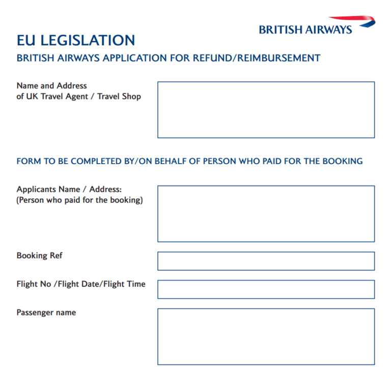 Paid Seating Refund Form British Airways Printable Rebate Form