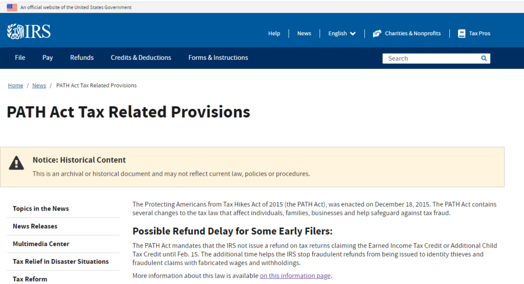 PATH IRS Refund Payment Dates And Processing Delays For Tax Returns 