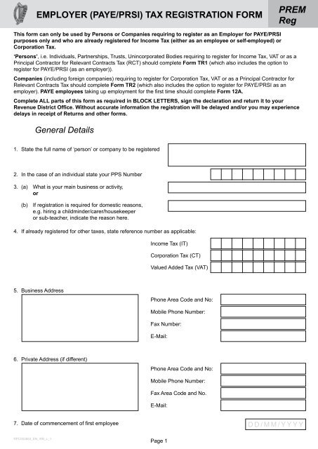 PREM Reg Employer PAYE PRSI Tax Registration Form