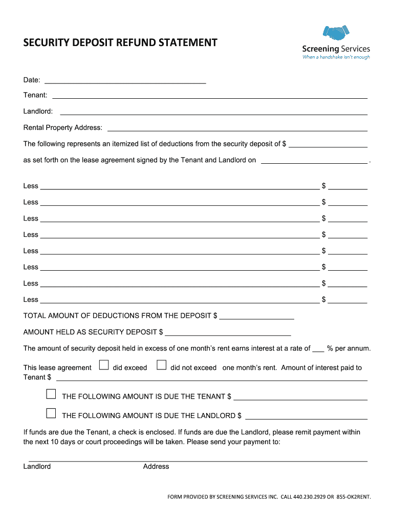 Screening Services Secuirty Deposit Refund Statement Fill And Sign 